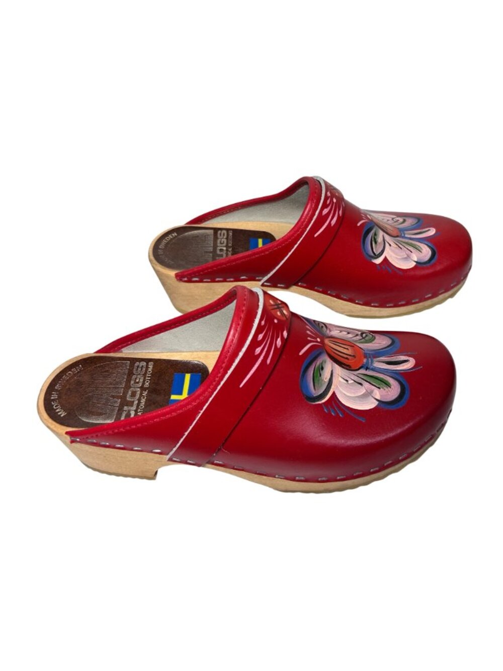 Hand-Painted Swedish Clogs Red Leather With Floral Design Size 7 By Dala Clogs - Picture 5 of 12